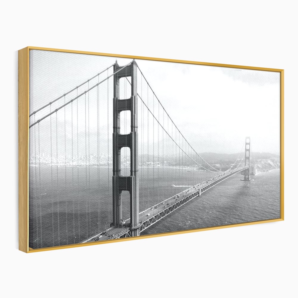 Tablou canvas cu fotografie alb-negru cu podul golden gate, in rama de aluminiu auriu